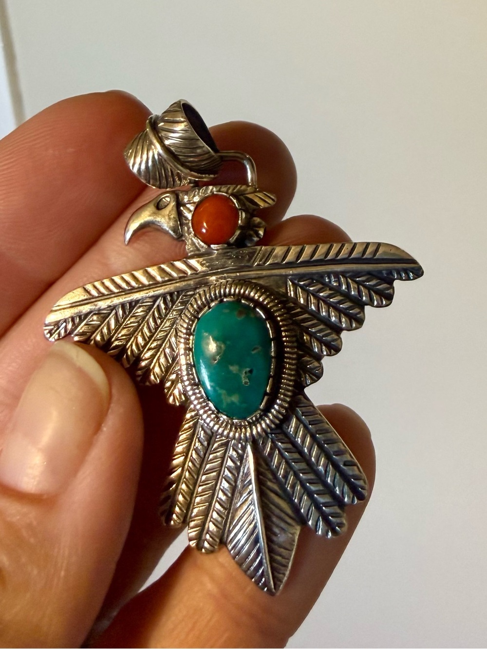 Two-Stone Kingman Turquoise & Coral Thunderbird Pendant